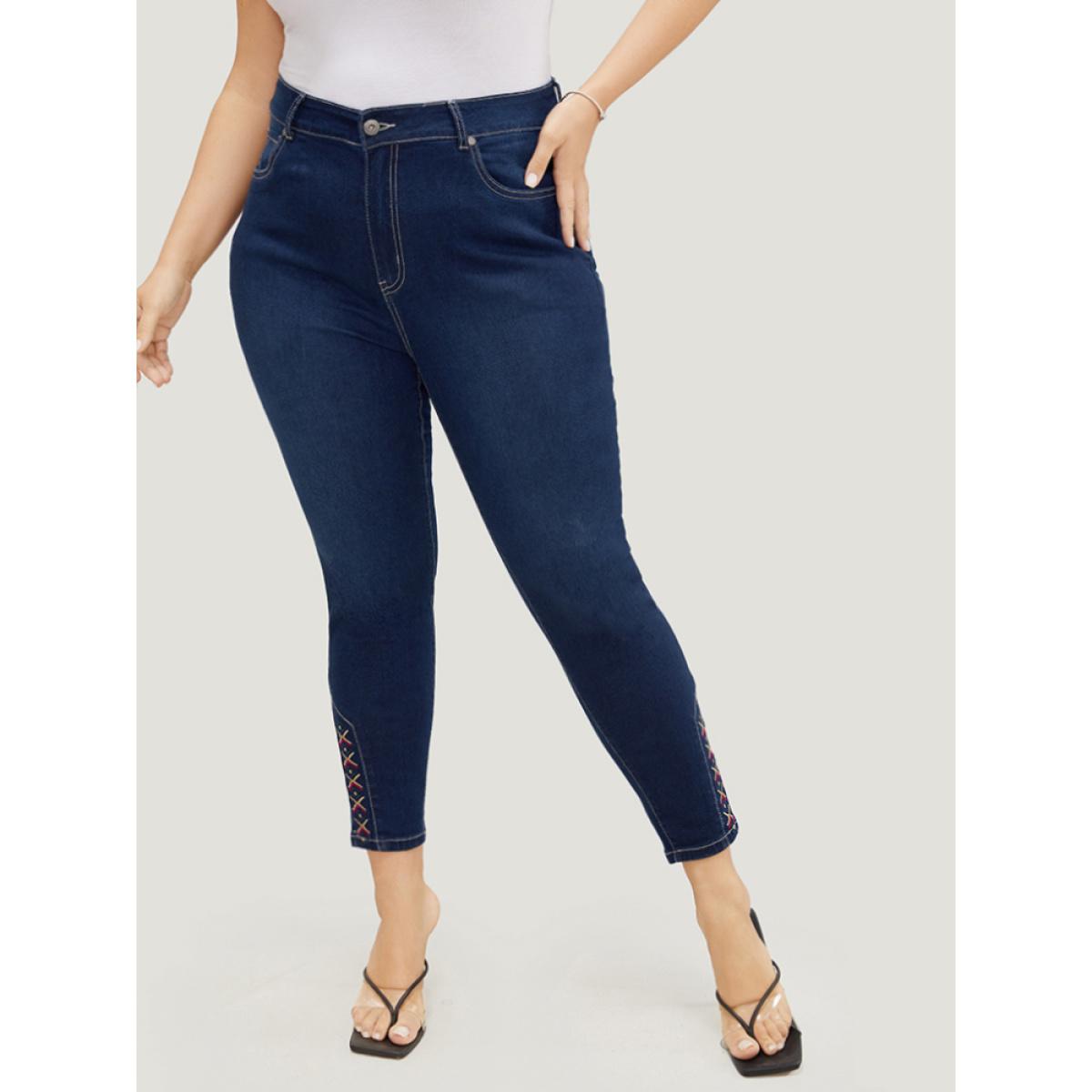 Plus Size Very Stretchy High Rise Dark Wash Geometric Embroidered Jeans Women Indigo Casual Plain Embroidered High stretch Pocket Jeans BloomChic 28/5X Product Image