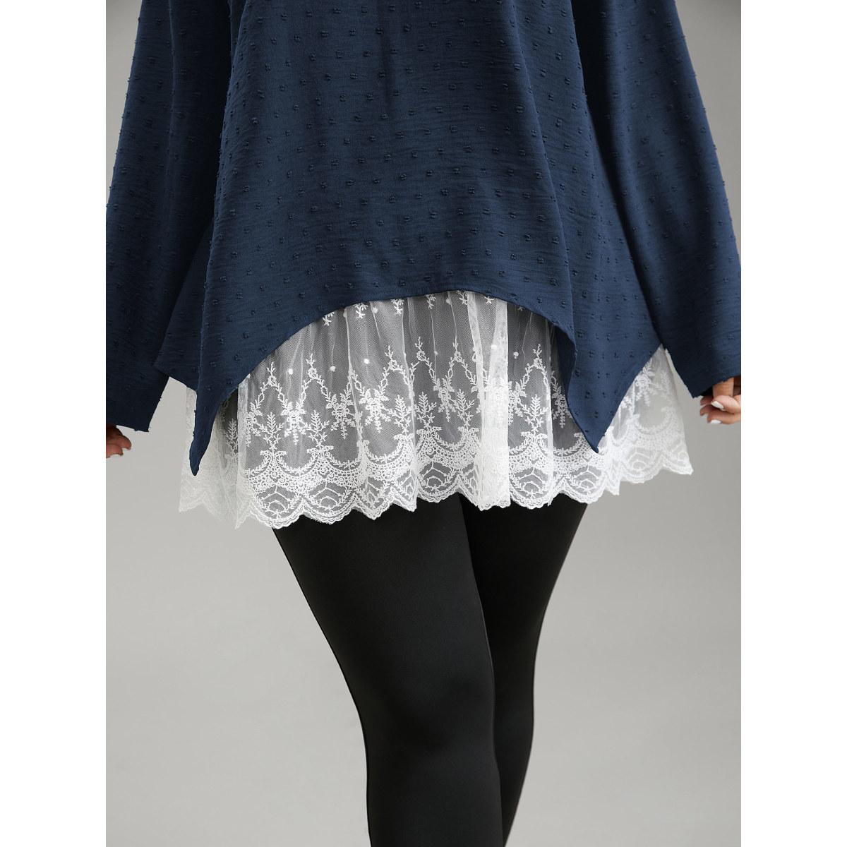 Plus Size Indigo Crochet Lace Mesh Polka Dot Asymmetrical Hem Blouse Women Elegant Long Sleeve Round Neck Everyday Blouses BloomChic 12/L Product Image