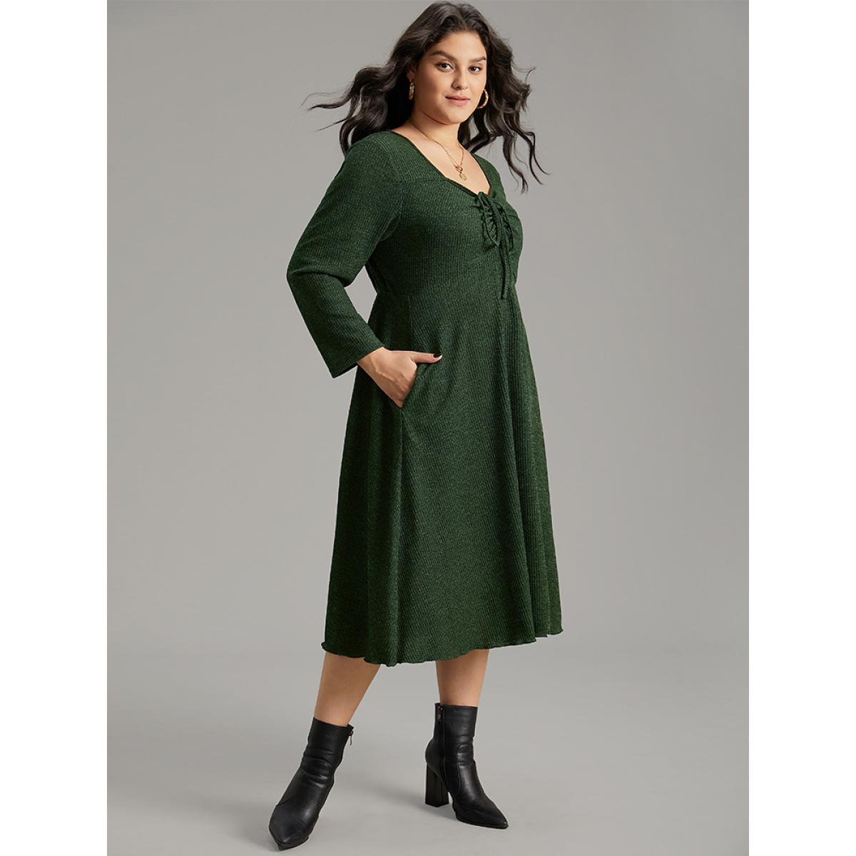 Plus Size Square Neck Solid Drawstring Rib Knit Dress DarkGreen Women Casual Plain Square Neck Long Sleeve Curvy Midi Dress BloomChic 26/4X Product Image