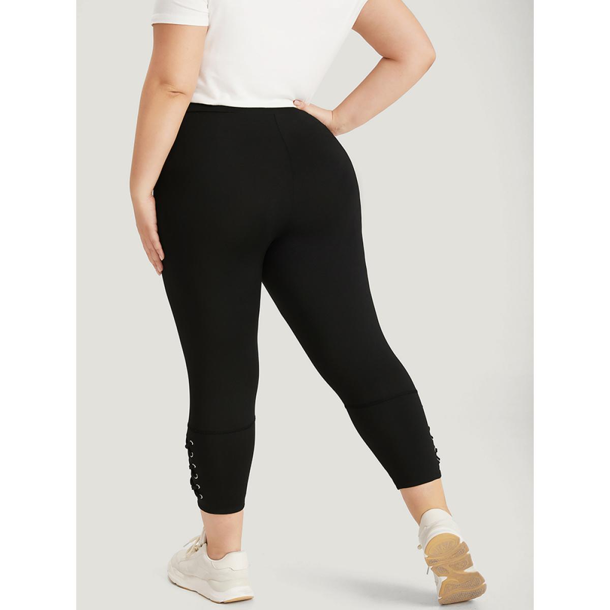 Plus Size Plain Crisscross Hem Elastic Waist Skinny Leggings Women Black Casual No stretch Skinny High Rise Dailywear Leggings BloomChic 30/6X Product Image