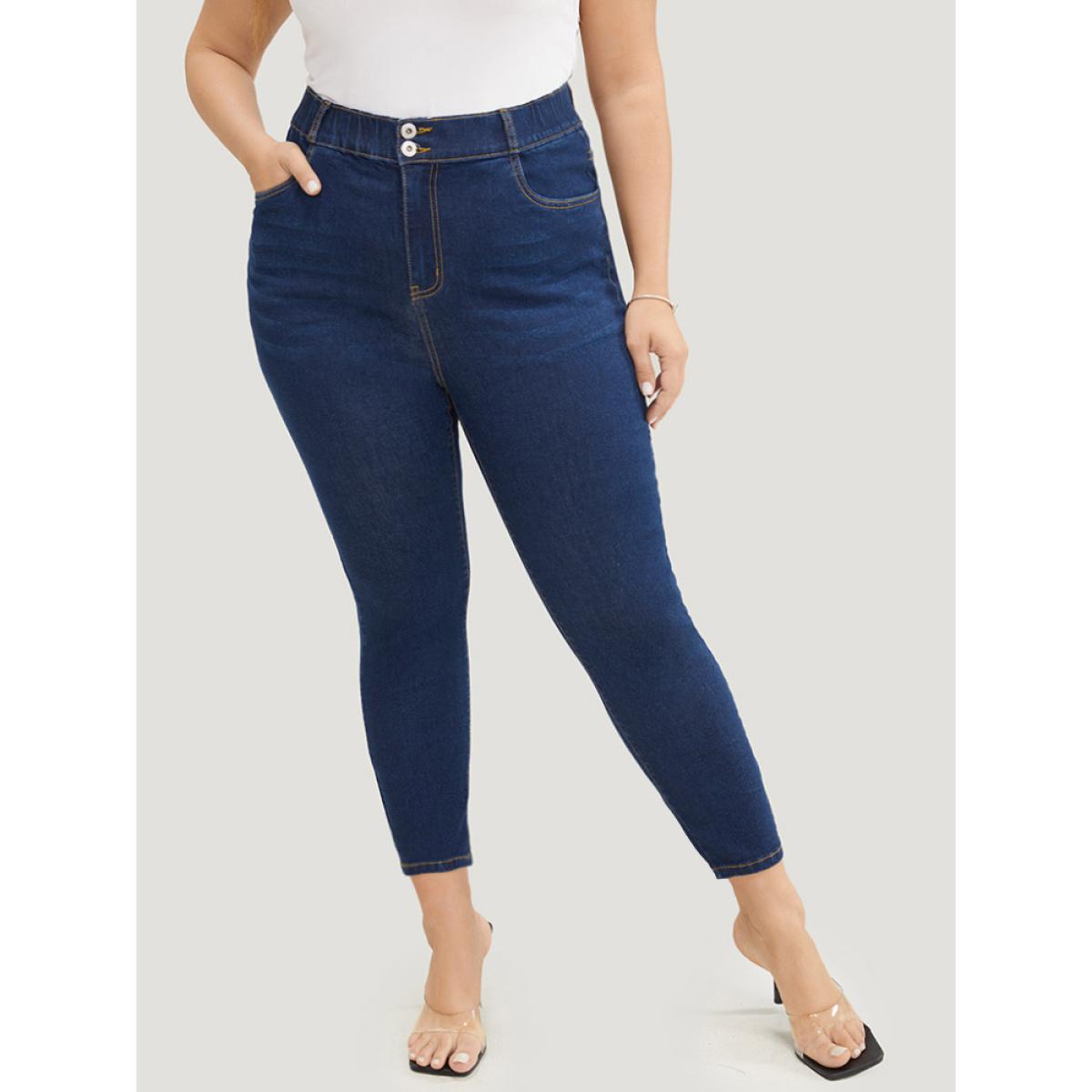 Plus Size Skinny Very Stretchy High Rise Dark Wash Elastic Waist Jeans Women DarkBlue Casual Plain High stretch Pocket Jeans BloomChic 30/6X Product Image