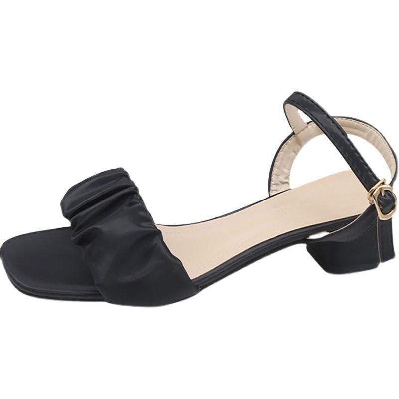 Shirred Ankle Strap Chunky Heel Sandals Product Image