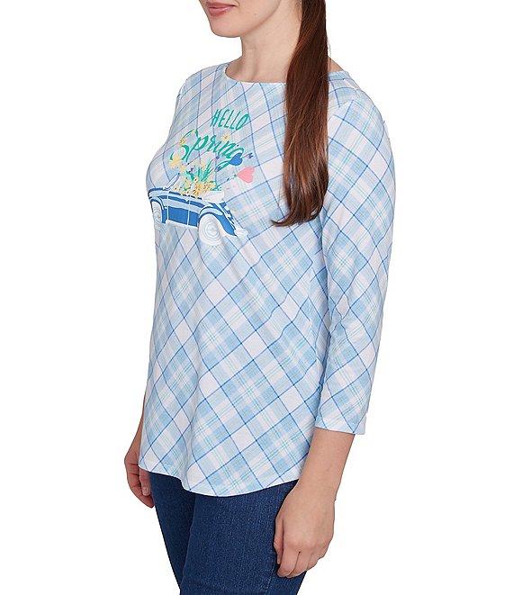 Ruby Rd. Hello Spring Plaid Crew Neck 3/4 Sleeve Knit Top Product Image