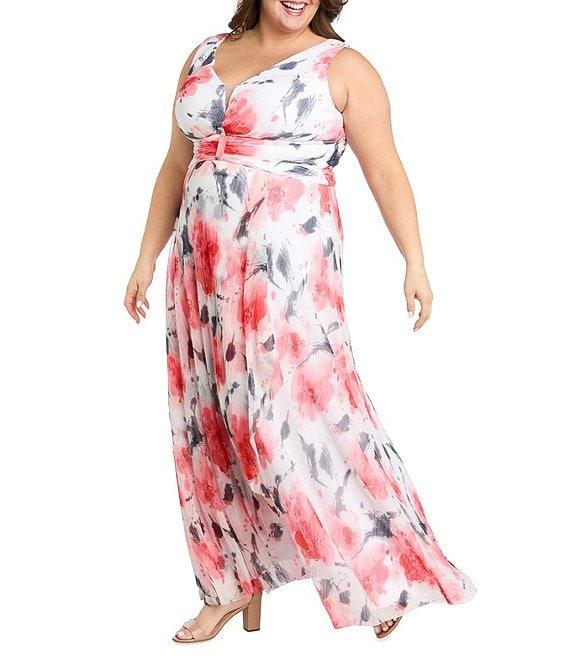 R & M Richards Plus Size V-Neck Sleeveless Printed A-Line Gown Product Image