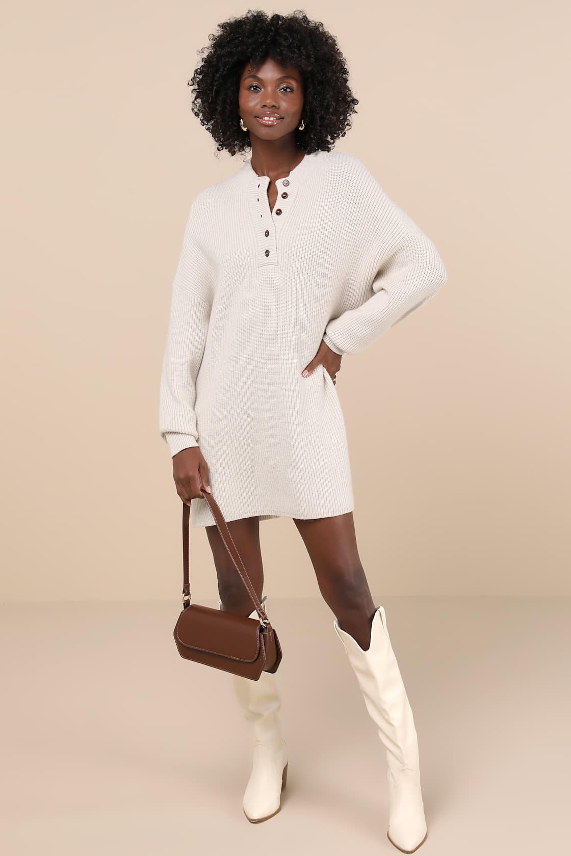 Coveted Coziness Ivory Long Sleeve Henley Sweater Mini Dress Product Image