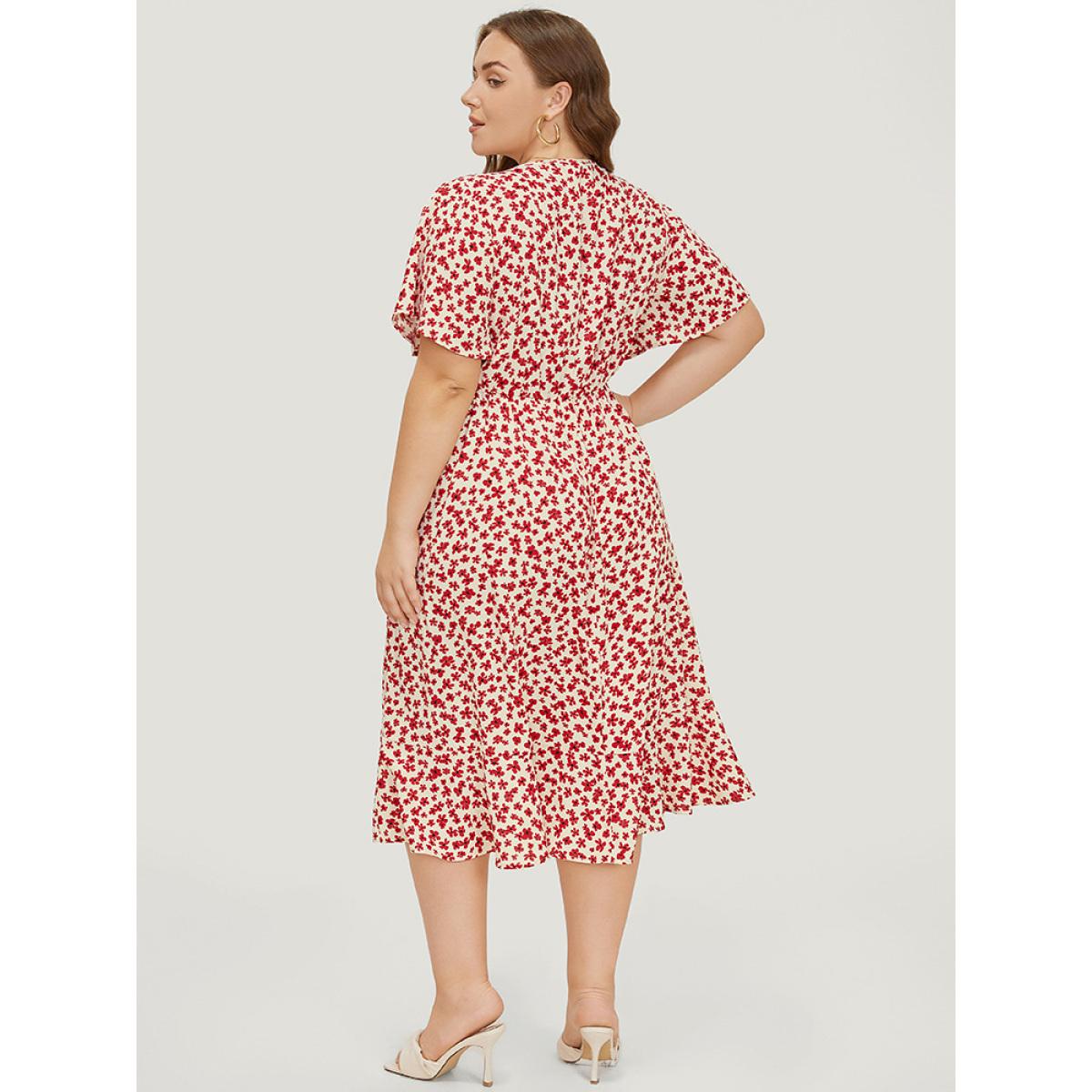 Plus Size Ditsy Floral Knot Front Pocket Ruffle Hem Dress Red Women Elegant Knotted V-neck Short sleeve Curvy Midi Dress BloomChic 30/6X Product Image