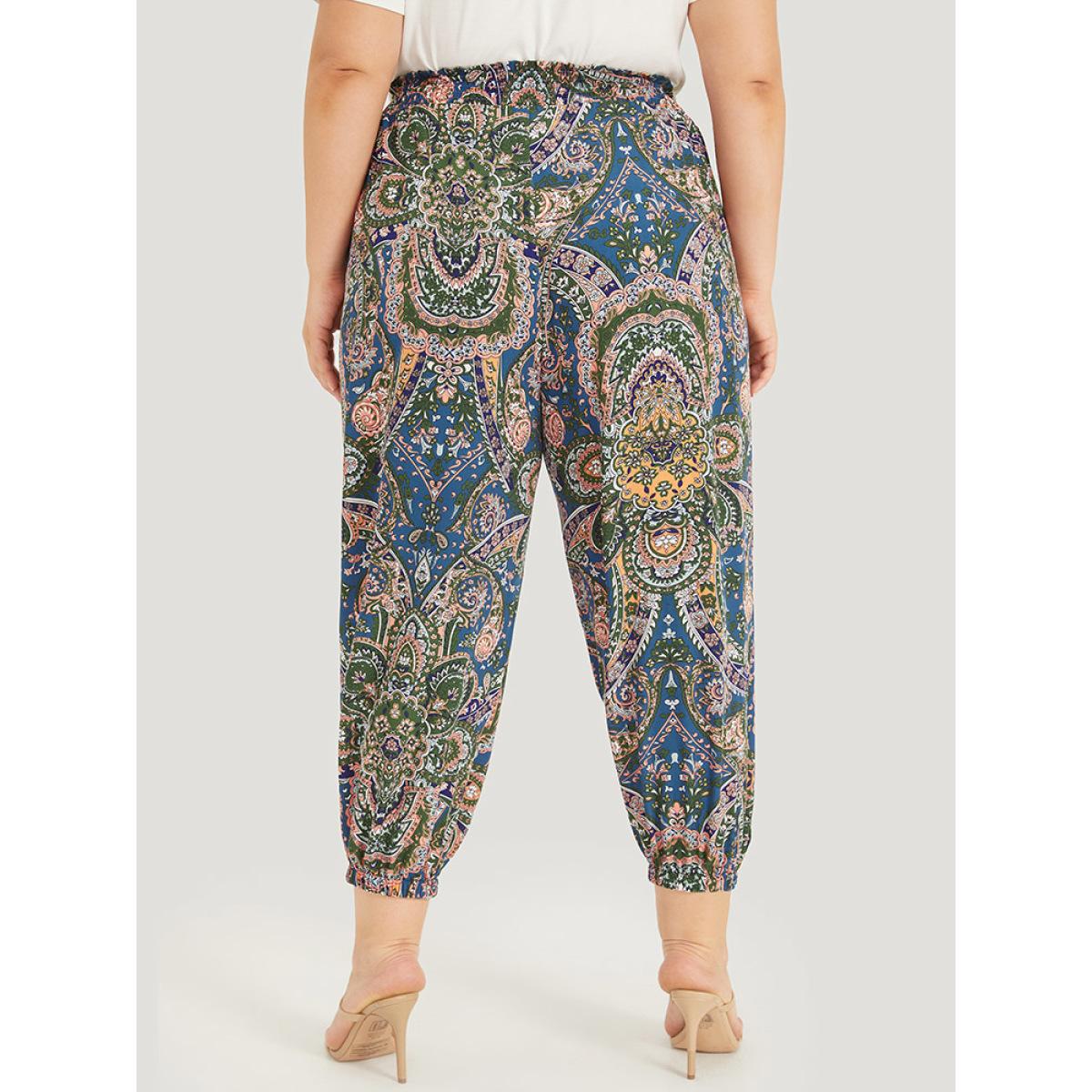 Plus Size Paisley Print Shirred Pocket Elastic Waist Pants Women Indigo Elegant High Rise Dailywear Pants BloomChic 12/L Product Image