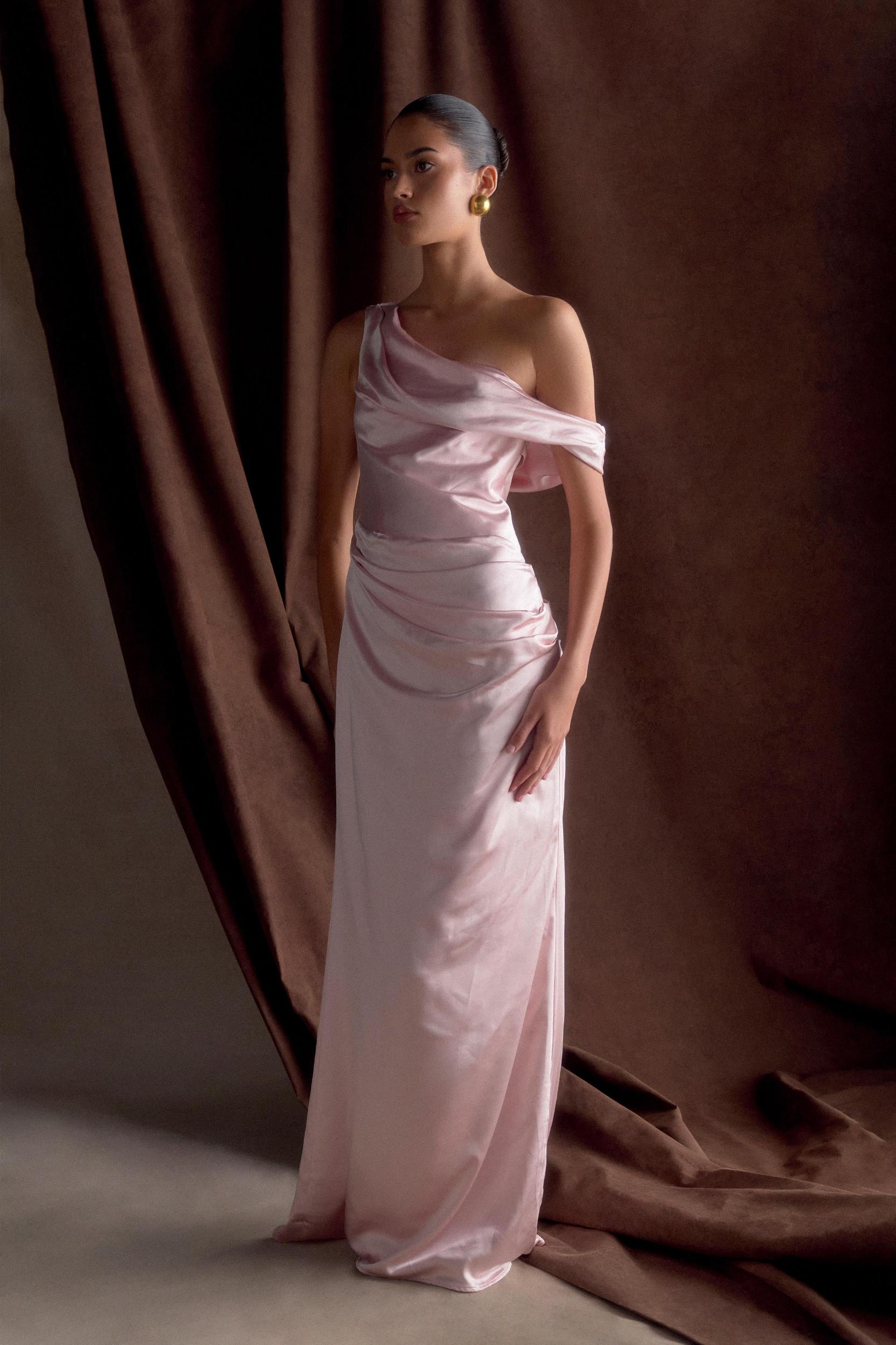 Dalia Off Shoulder Satin Maxi Dress - Soft Pink Product Image