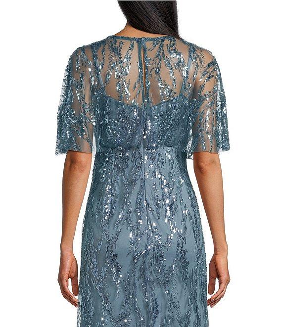 R & M Richards Sequin V-Neck Flutter Sleeve Sheer Capelet A-line Dress Product Image