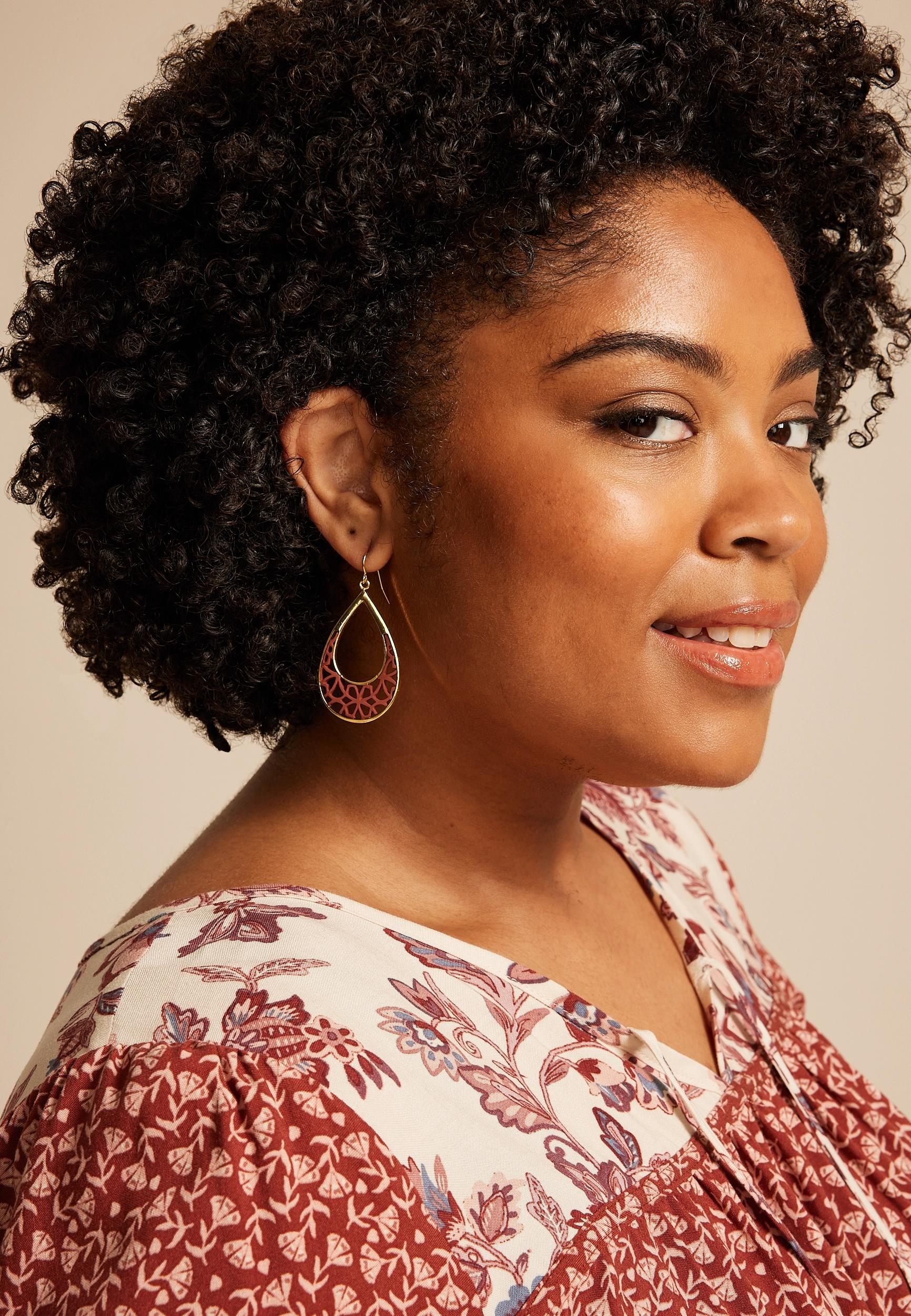 Gold And Burgundy Floral Cut Out Teardrop Earrings Product Image
