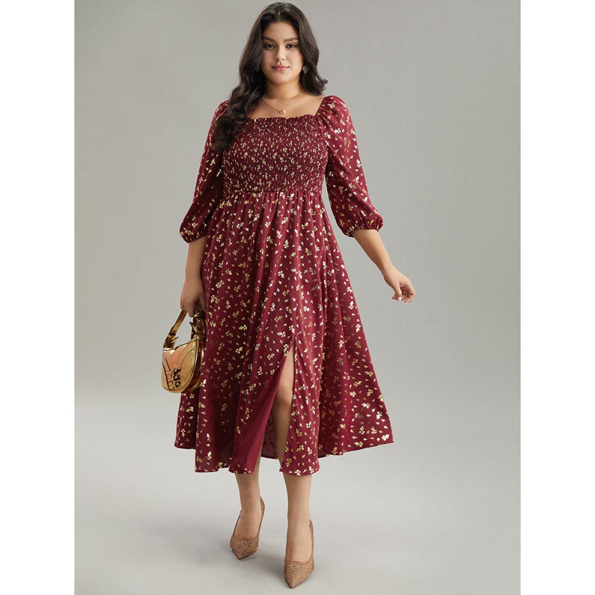 Plus Size Glitter Square Neck Shirred Split Front Frill Trim Dress Scarlet Women Party Elastic cuffs Square Neck Elbow-length sleeve Curvy Midi Dress BloomChic 14-16/1X Product Image