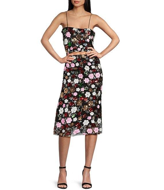 Evolutionary Square Neckline Sleeveless Floral Sequin Mesh Coordinating Crop Top Product Image