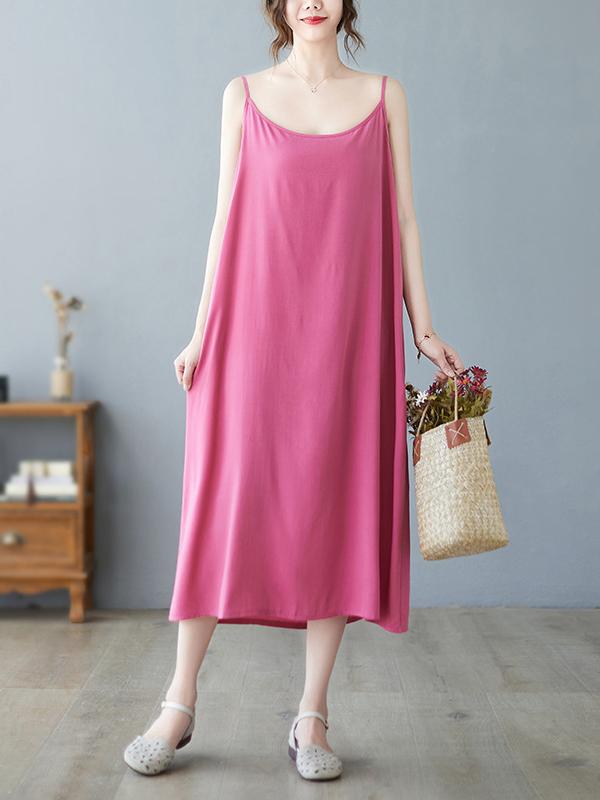 Loose Sleeveless Solid Color Spaghetti-Neck Midi Dresses Product Image