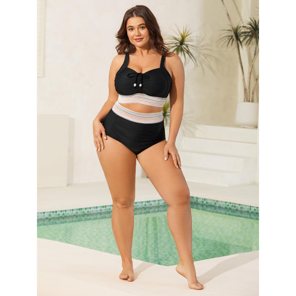 Plus Size Patchwork Ruched Drawstring Swim Top Women's Swimwear Black Resort Patchwork High stretch Skinny Non Curve Swim Tops BloomChic 18-20/2X Product Image