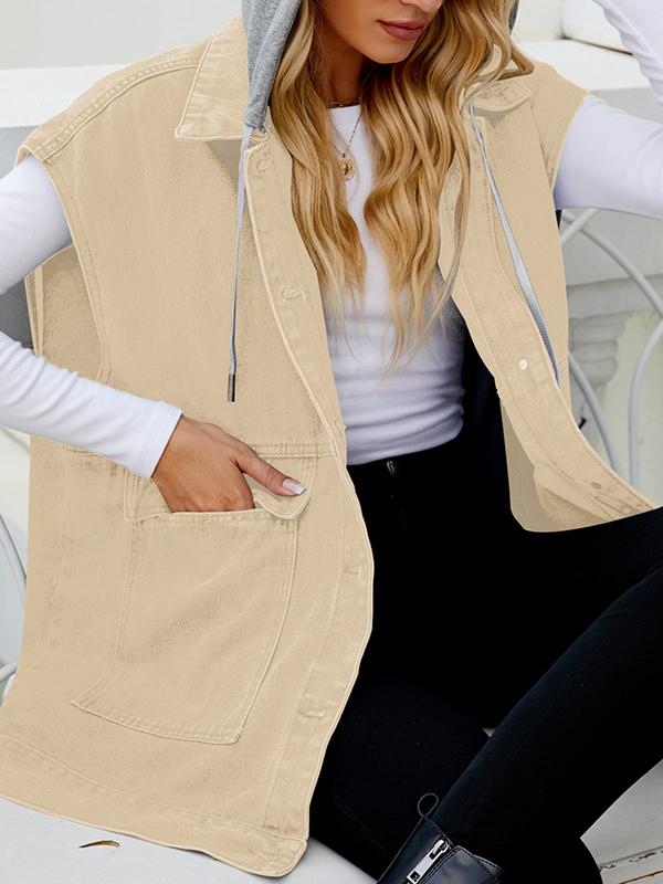 Loose Sleeveless Buttoned Detachable Hooded Pockets Split-Joint Lapel Collar Vest Outerwear Product Image