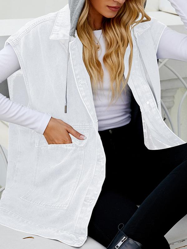 Loose Sleeveless Buttoned Detachable Hooded Pockets Split-Joint Lapel Collar Vest Outerwear Product Image