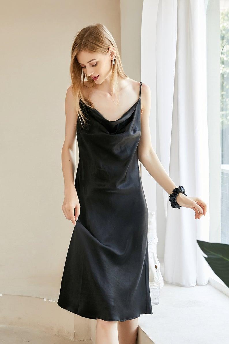 Rebirth of Venus | Black Silk Cowl Neck Slip Dress | Midi Dress with Adjustable Straps | 22 Momme | Float Collection Product Image