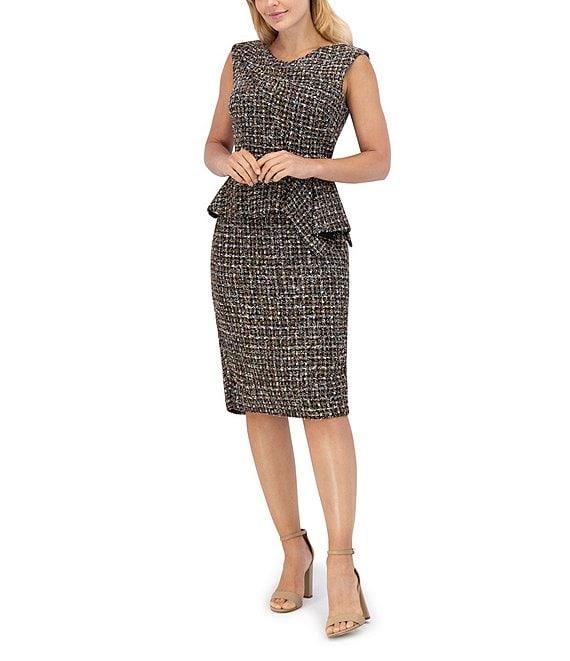 Eliza J Boucle V-Neck Sleeveless Peplum Sash Dress Product Image