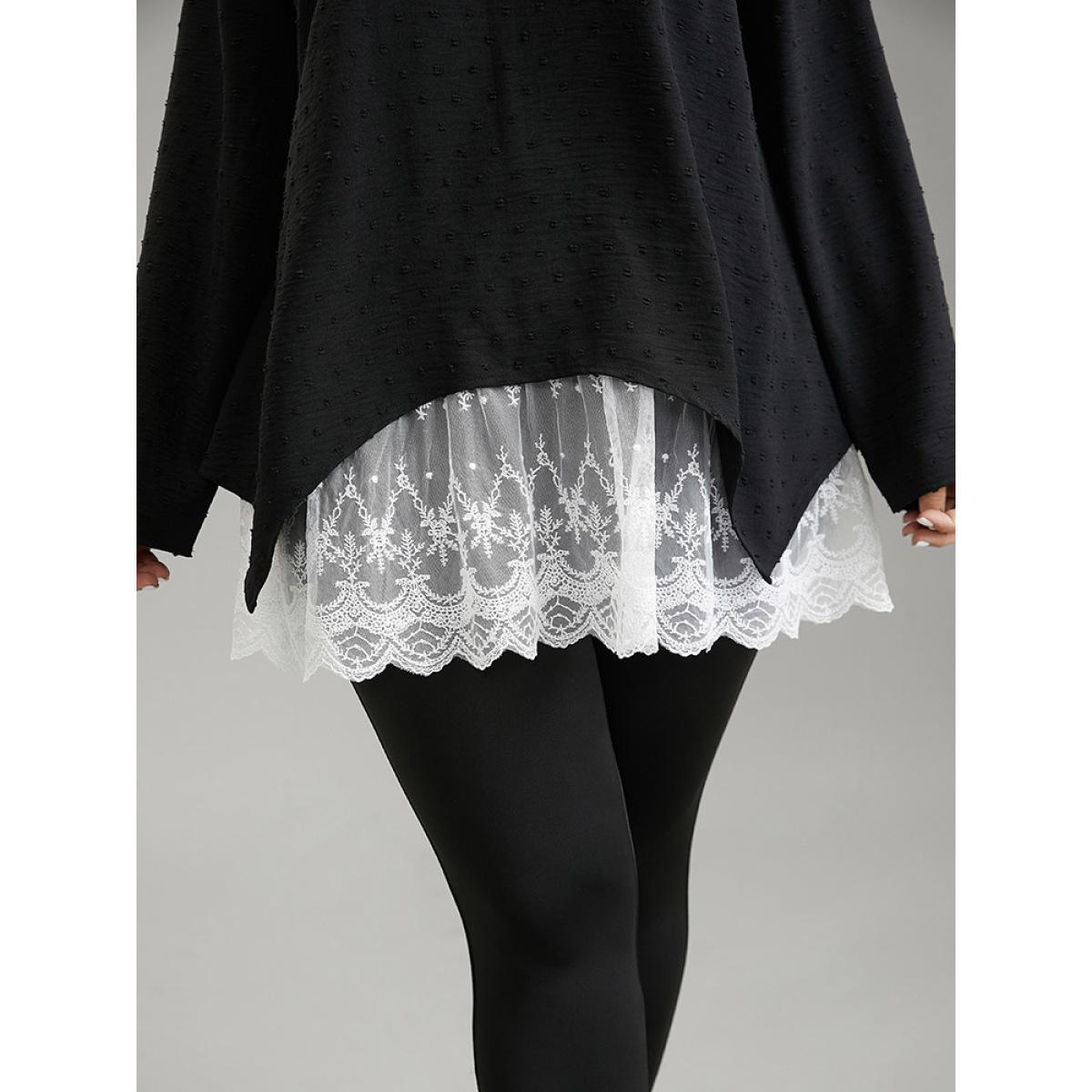 Plus Size Black Crochet Lace Mesh Polka Dot Asymmetrical Hem Blouse Women Elegant Long Sleeve Round Neck Everyday Blouses BloomChic 26/4X Product Image