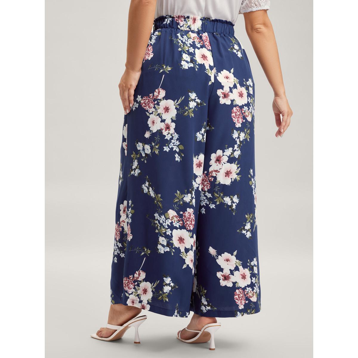 Plus Size Large Floral Print Wide-Leg Pants Women Indigo Romantic Loose Mid Rise Elegant Pants BloomChic 22-24/3X Product Image