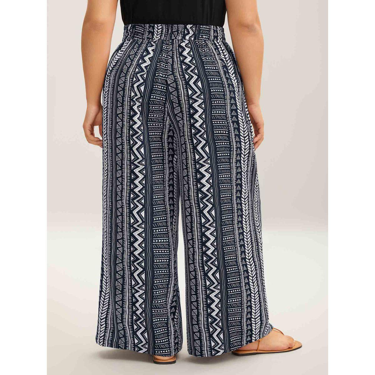 Plus Size Waist-Tie Wide-Leg Boho Print Pants Women Indigo Leisure Wide Leg Mid Rise Casual Pants BloomChic 18-20/2X Product Image