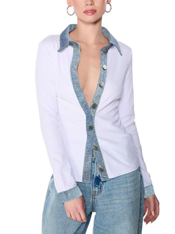Long Sleeves Skinny Buttoned Split-Joint Lapel Blouses&Shirts Tops Product Image