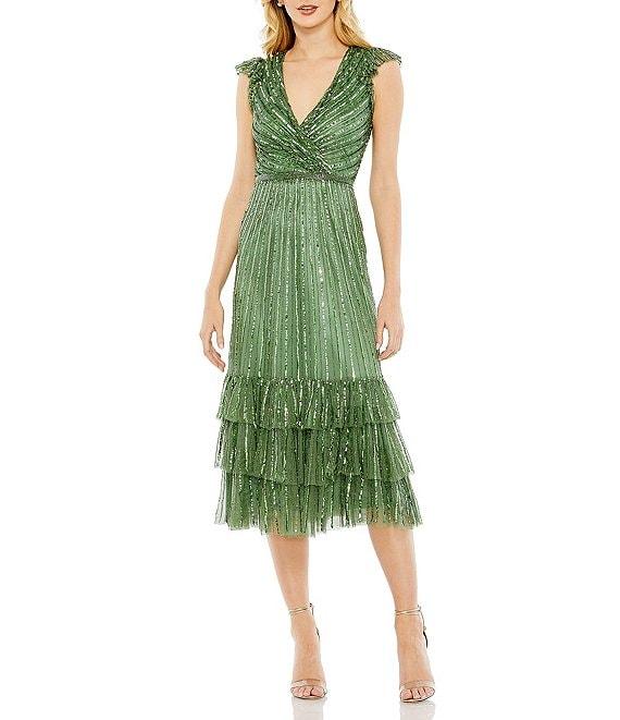 Mac Duggal Sequin V-Neck Wrap Over Cap Sleeve Ruffled Hem Dress Product Image