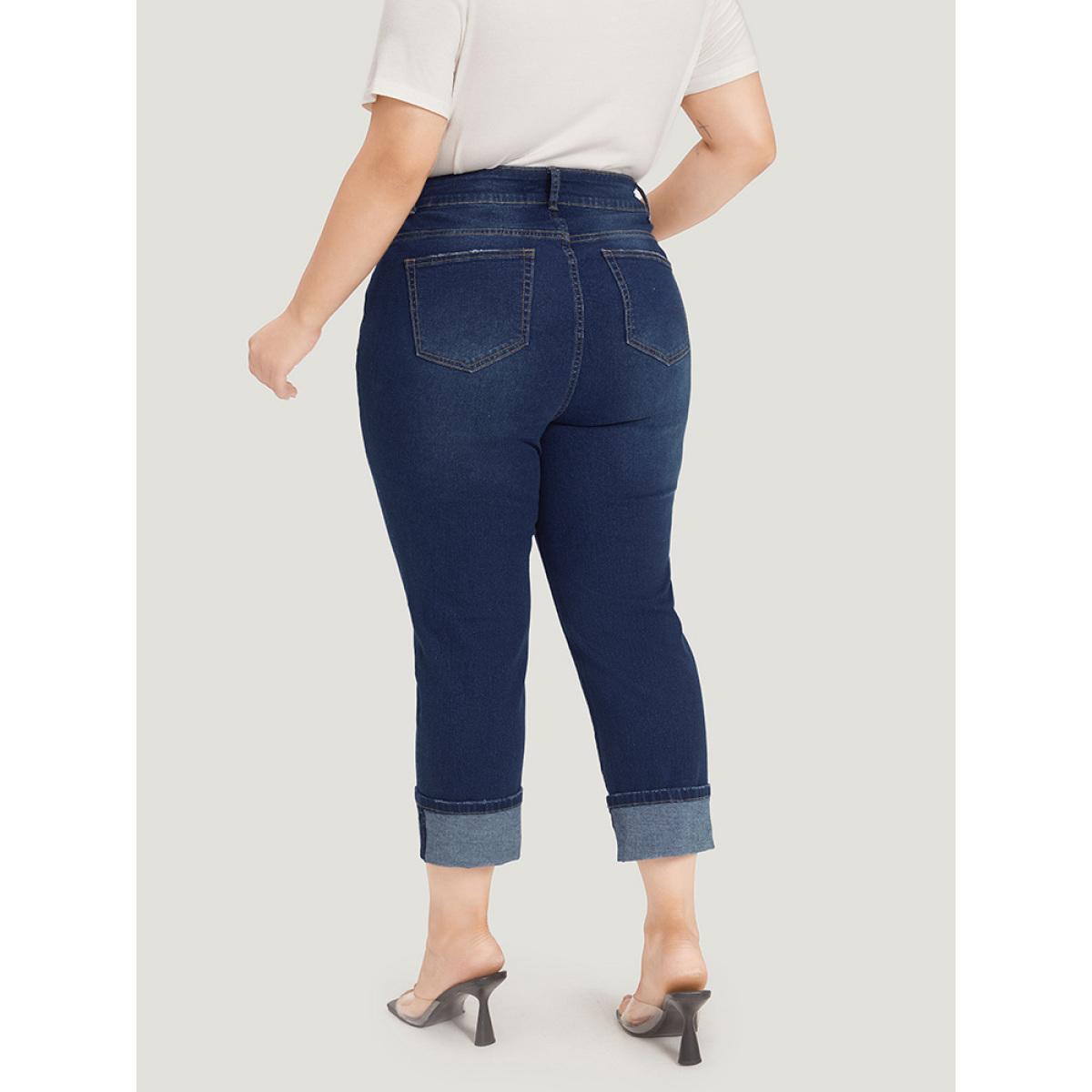 Plus Size Roll Hem High Rise Pocket Very Stretchy Jeans Women DarkBlue Casual Plain Plain High stretch Pocket Jeans BloomChic 30/6X Product Image