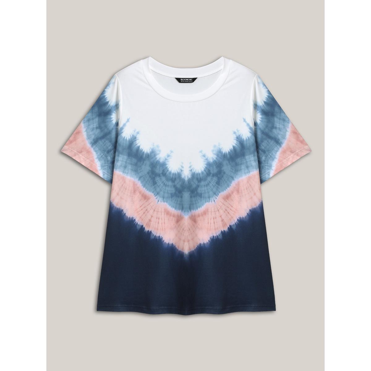 Plus Size Tie-Dye Print Round Neck T-Shirt Multicolor Women Contrast Round Neck Everyday-Casual T-shirts BloomChic 22-24/3X Product Image