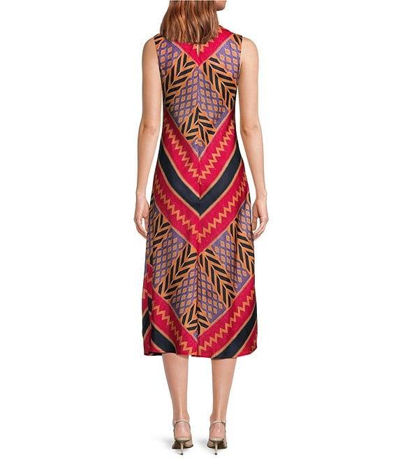COREY LYNN CALTER Beatriz Woven Geo Ikat Print Round Neck Sleeveless Midi Shift Dress Product Image