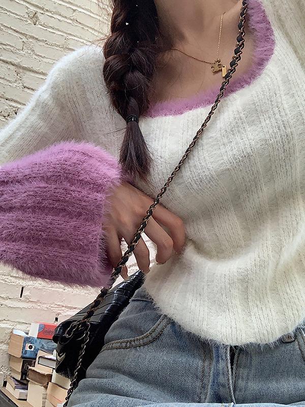 Contrast Color Splice Trumpet Sleeve Slim Sweater Product Image