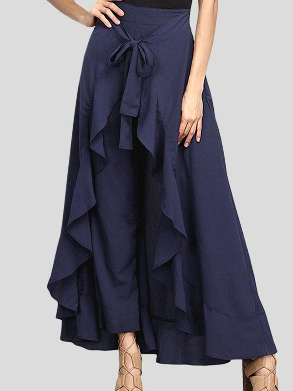 Loose Ruffle Trim Solid Color Split-Joint Tied Waist Zipper Culotte Product Image