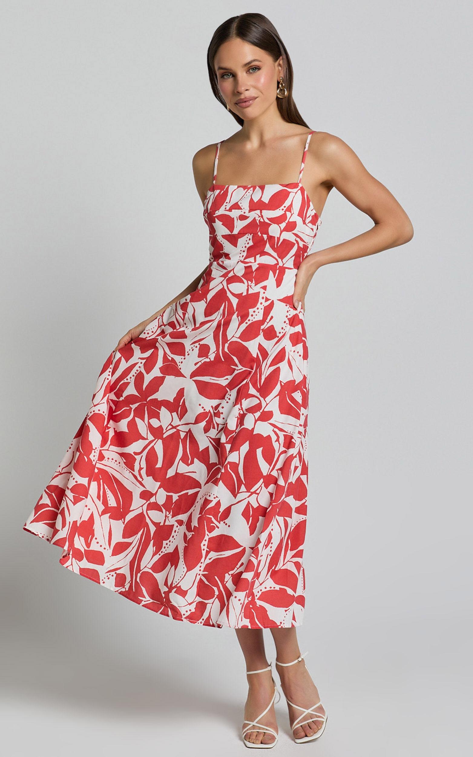 Nylia Midi Dress - Strappy Fit and Flare Dress in Red Floral Product Image
