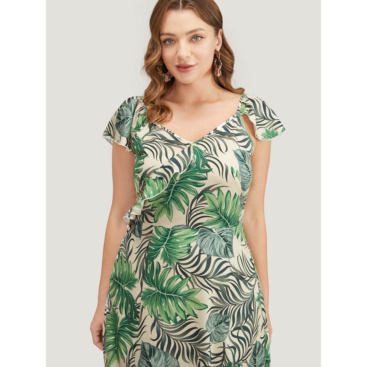 Plus Size Plant Print Cap Sleeve Pocket Ruffle Trim Split Hem Dress Multicolor Women Vacation Slit V-neck Cap Sleeve Curvy Midi Dress BloomChic 14-16/1X Product Image