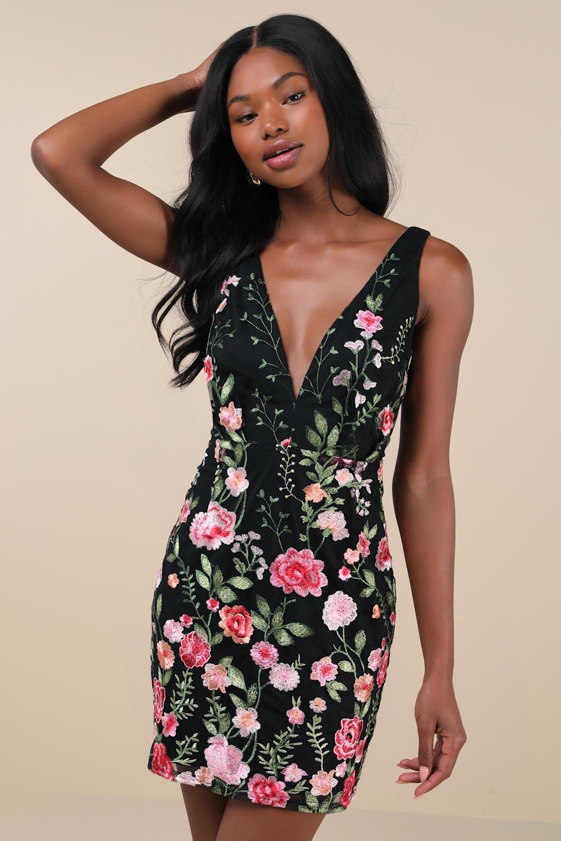 Soiree Blossom Black Floral Embroidered Bodycon Mini Dress Product Image