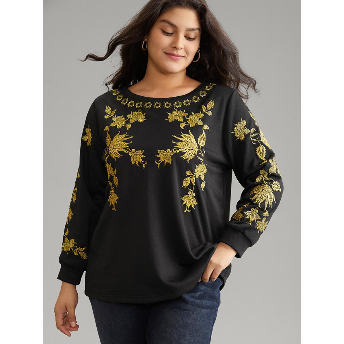 Plus Size Floral Embroidered Two Tone Sweatshirt Women Black Elegant Contrast Round Neck Dailywear Sweatshirts BloomChic 18-20/2X Product Image