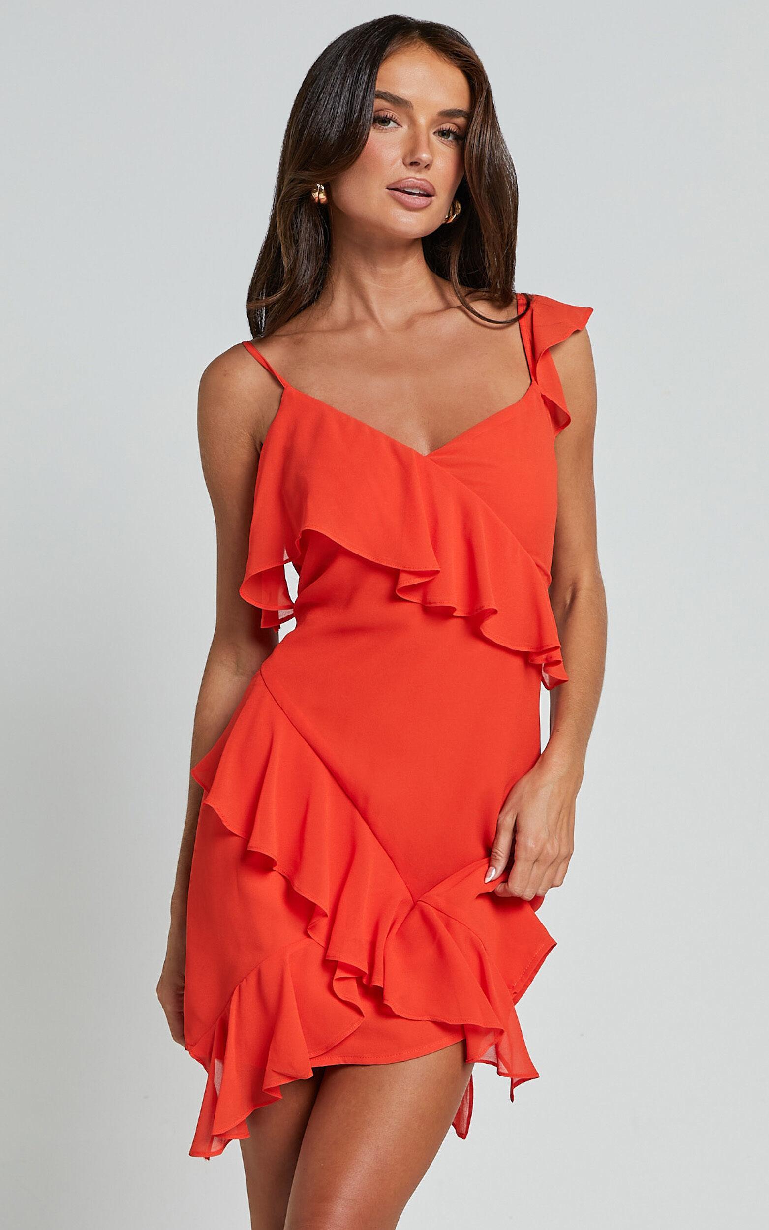Zaria Mini Dress - Asymmetric Frill Detail Mini Dress in Chili Product Image