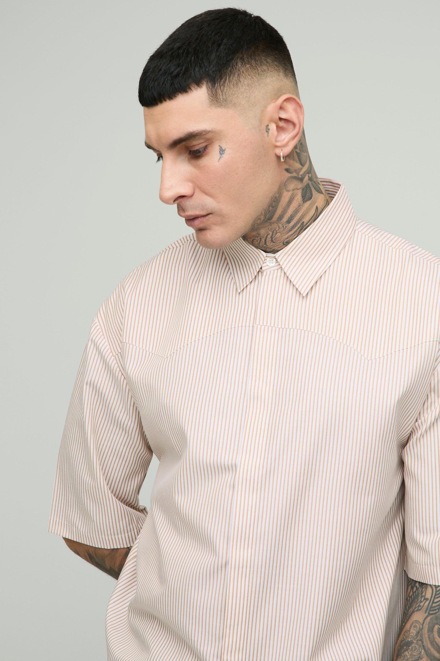 Tall Oversized Western Slogan Stripe Shirt | boohooMAN USA Product Image