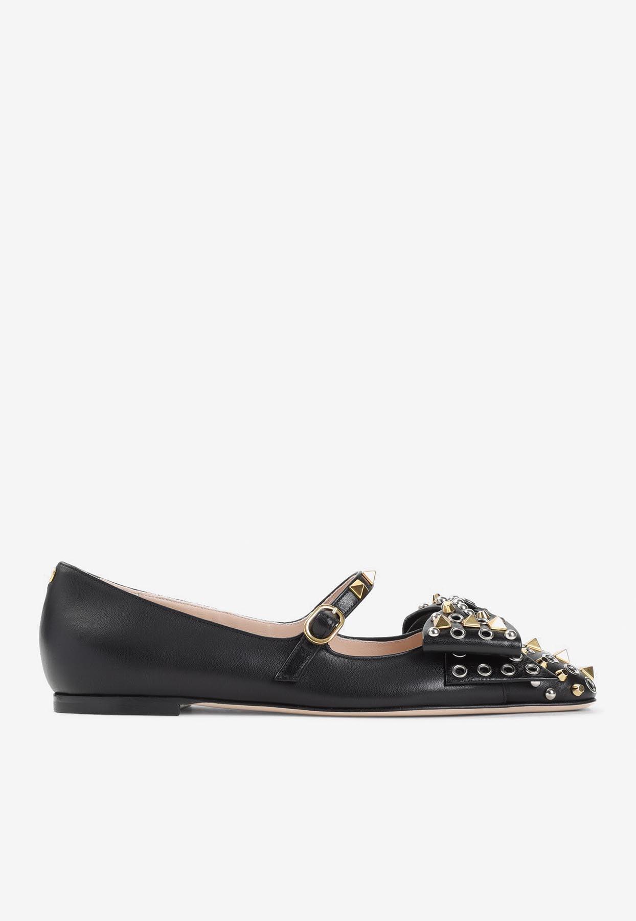 VALENTINO GARAVANI Mary-jane Bowow Ballerina In Kidskin With Studs Woman Black 35 In Multi Product Image