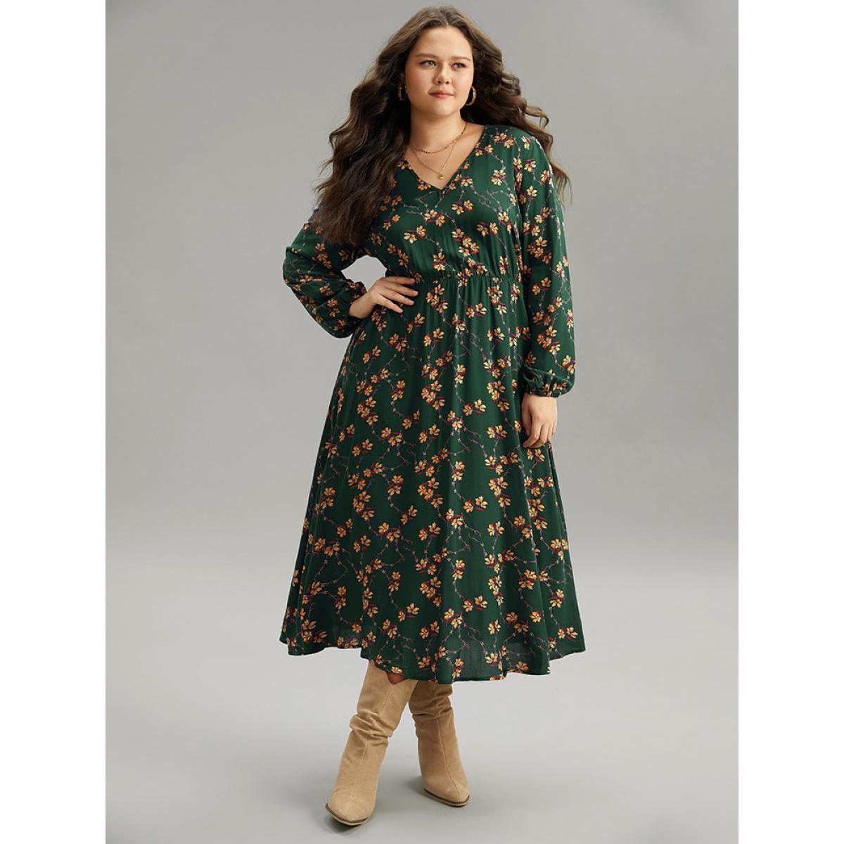 Plus Size Floral Print Elastic Waist Lantern Sleeve Dress DarkGreen Women Elegant Elastic cuffs V-neck Long Sleeve Curvy Midi Dress BloomChic 22-24/3X Product Image