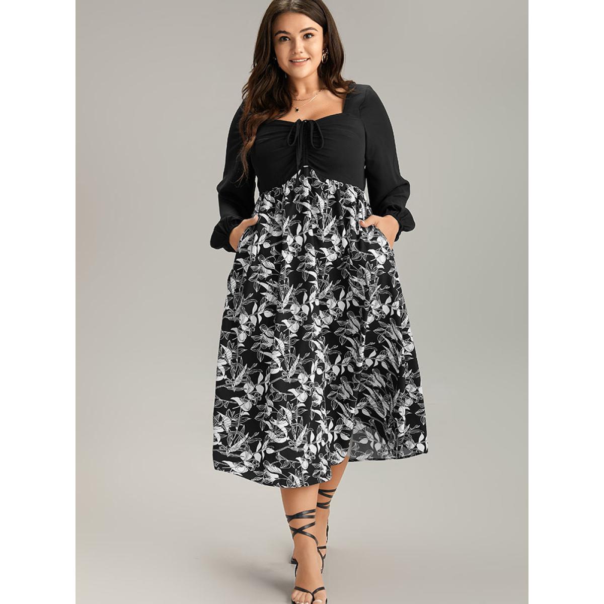 Plus Size Floral Print Ruched Bowknot Patchwork Dress Black Women Elegant Elastic cuffs Square Neck Long Sleeve Curvy Midi Dress BloomChic 18-20/2X Product Image