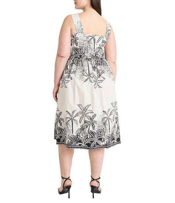 Maggy London Plus Size Tropical Palm Print Sleeveless A-Line Midi Dress Product Image