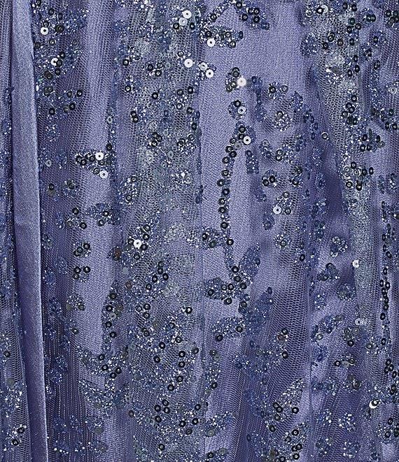 Blondie Nites Plus Size Glitter Pattern V-Neck Spaghetti Strap Mesh Corset Tie Back Ballgown Product Image