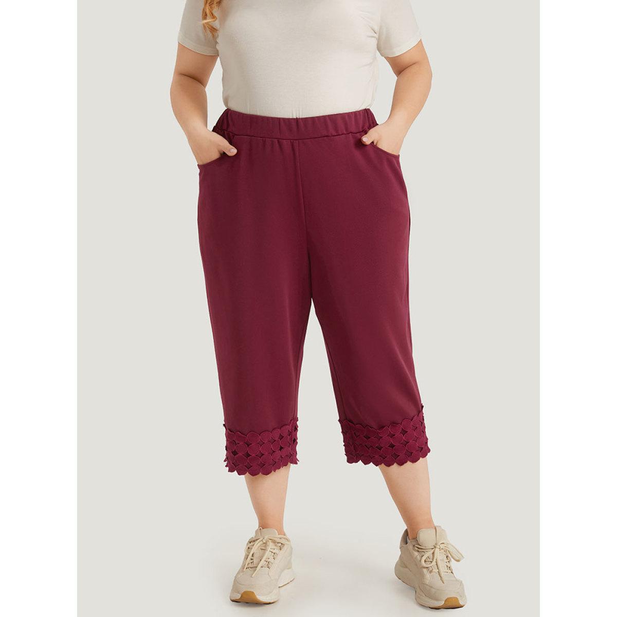 Plus Size Plain Pocket Elastic Waist Trim Hem Pants Women Burgundy Casual High Rise Dailywear Pants BloomChic 18-20/2X Product Image