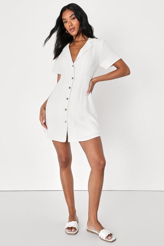 Central Park Sweetie White Linen Collared Button-Up Mini Dress Product Image