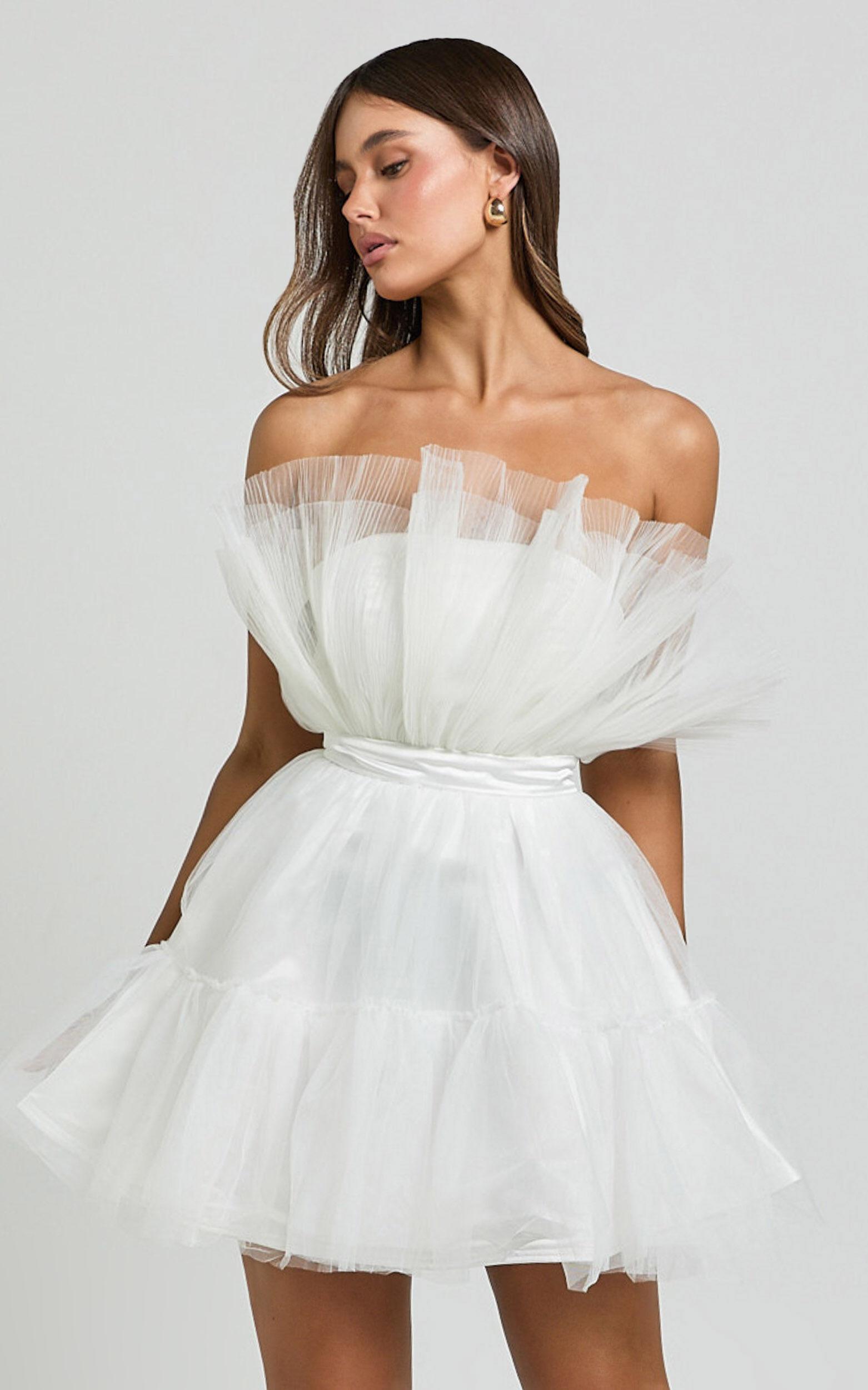 Amalya Mini Dress - Tiered Tulle Fit and Flare Dress in White Product Image