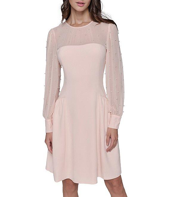 KARL LAGERFELD PARIS Illusion Sleeve Drop Waist Scuba Crepe Dress Product Image