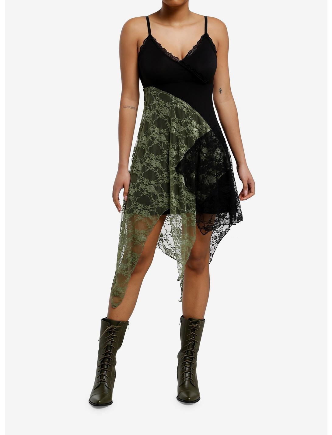 Cosmic Aura Black & Green Lace Hanky Hem Slip Dress Product Image