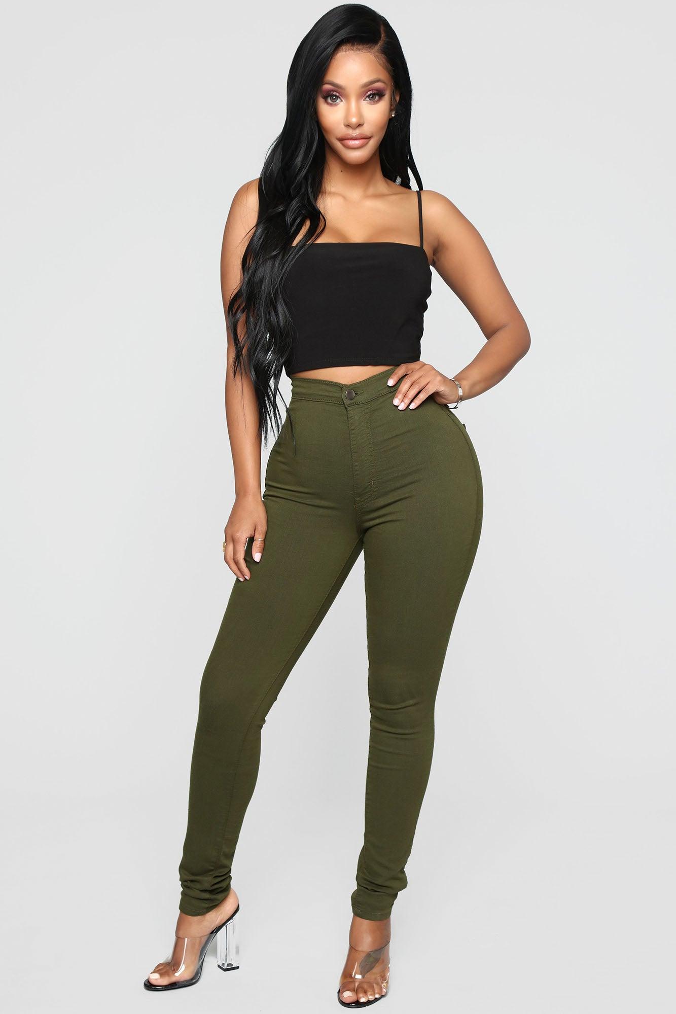 Super High Waist Denim Skinnies - Olive Product Image