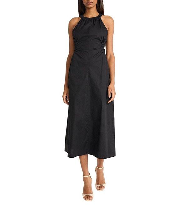 Donna Morgan Halter Neck Sleeveless Side Cut Out Cotton Poplin Midi Dress Product Image